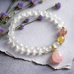 Natural Opal Beaded Dainty Stretchy Bracelet Pink Peach Charm Boho Chic